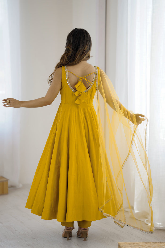 Bright Yellow Chanderi Solid Anarkali Set