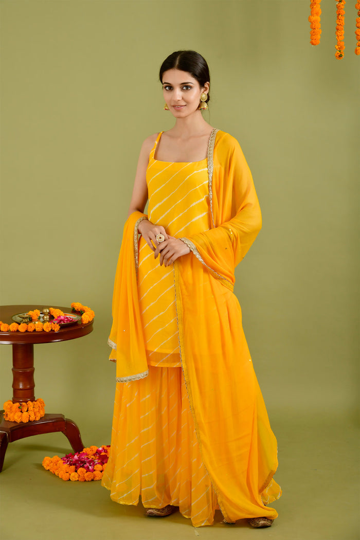 Bright Yellow Chiffon Leheriya Printed Sharara Set