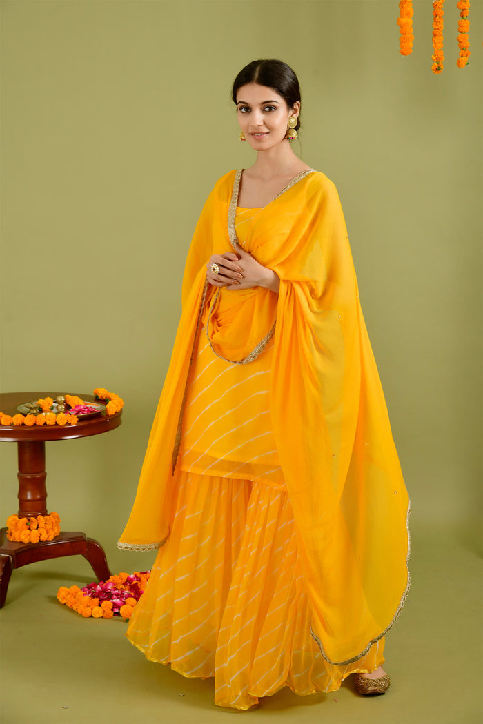 Bright Yellow Chiffon Leheriya Printed Sharara Set