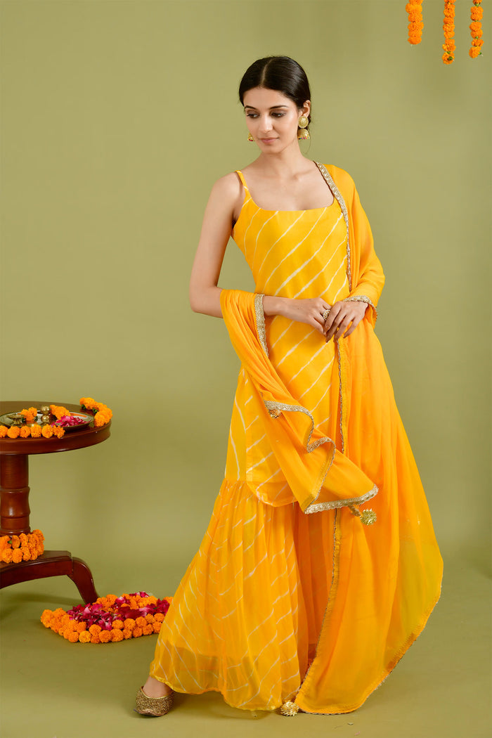 Bright Yellow Chiffon Leheriya Printed Sharara Set