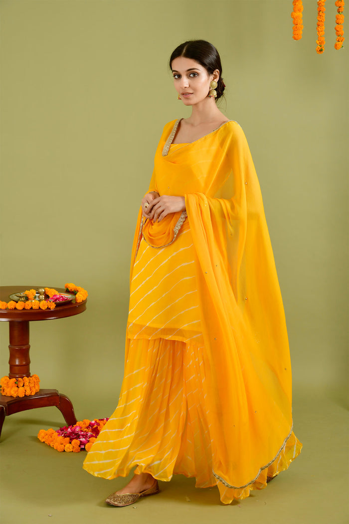 Bright Yellow Chiffon Leheriya Printed Sharara Set