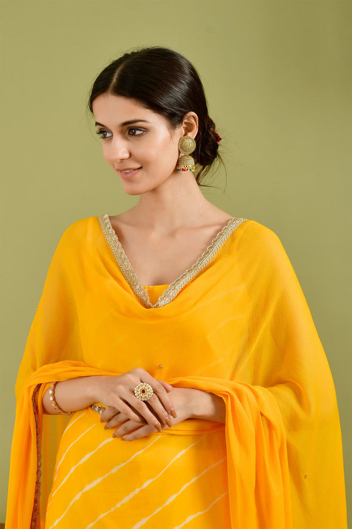 Bright Yellow Chiffon Leheriya Printed Sharara Set