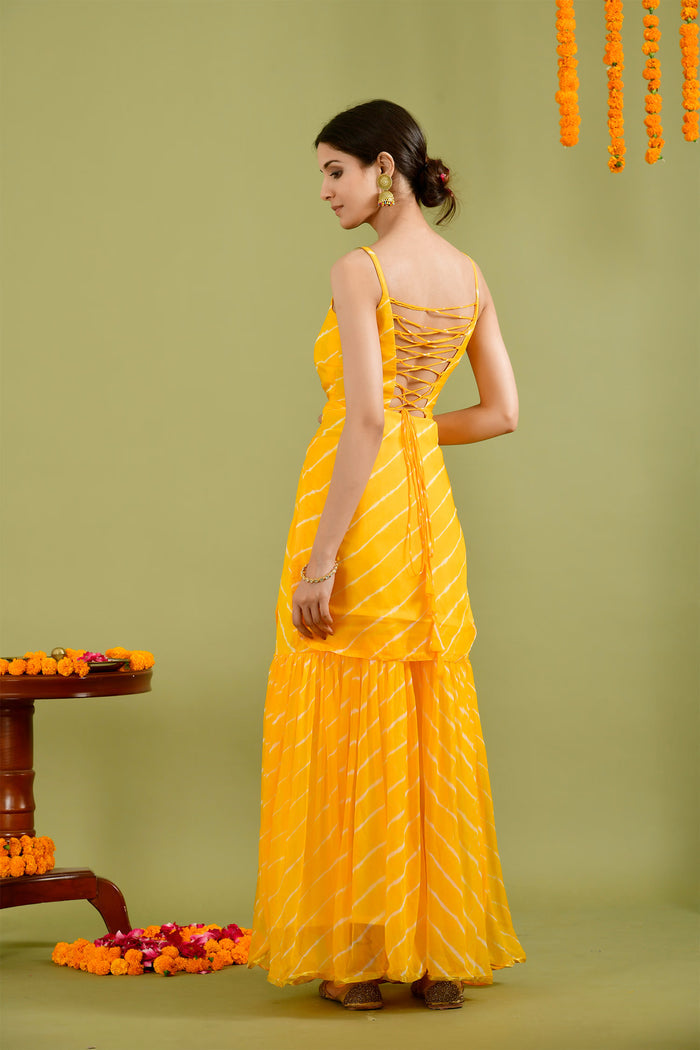 Bright Yellow Chiffon Leheriya Printed Sharara Set