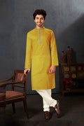 Bright Yellow Cotton Kurta Set With Embroidered Neck