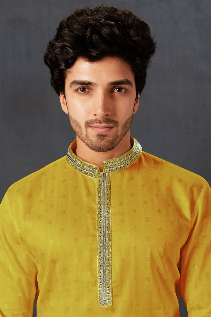 Bright Yellow Cotton Kurta Set With Embroidered Neck