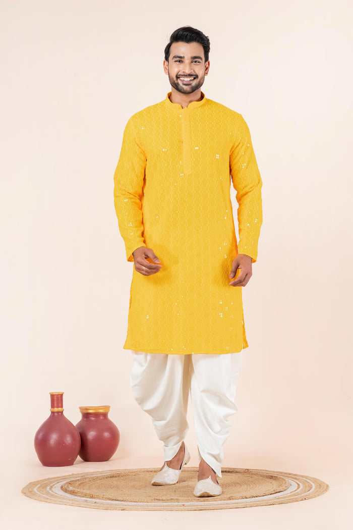 Bright Yellow Cotton Silk Embroidered Dhoti Set