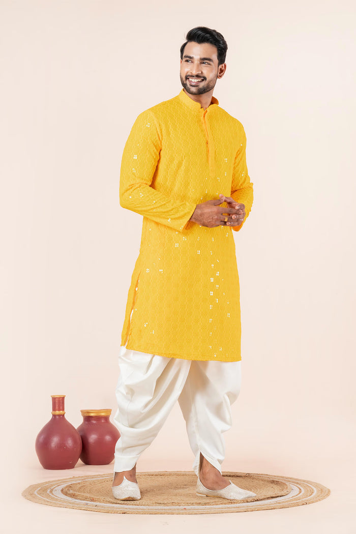 Bright Yellow Cotton Silk Embroidered Dhoti Set