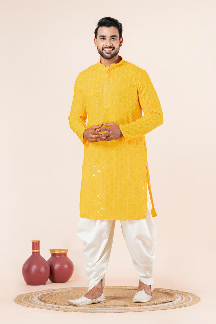 Bright Yellow Cotton Silk Embroidered Dhoti Set