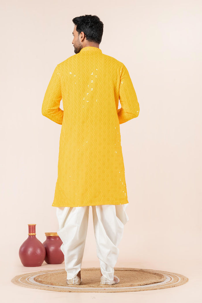 Bright Yellow Cotton Silk Embroidered Dhoti Set