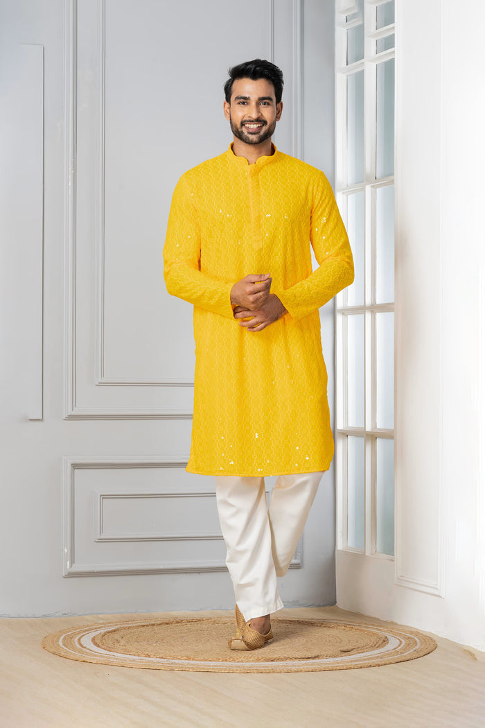 Bright Yellow Cotton Silk Embroidered Kurta Set
