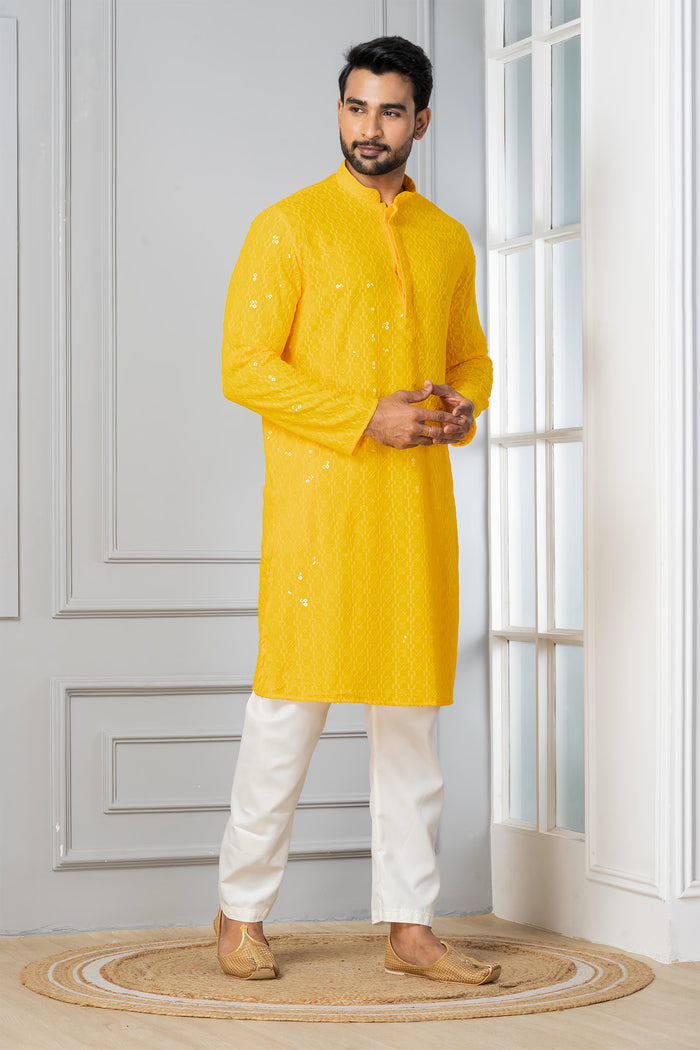 Bright Yellow Cotton Silk Embroidered Kurta Set