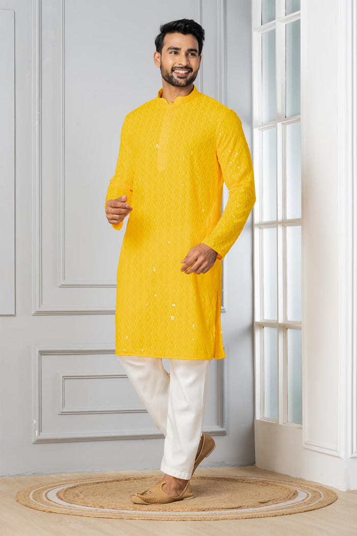 Bright Yellow Cotton Silk Embroidered Kurta Set