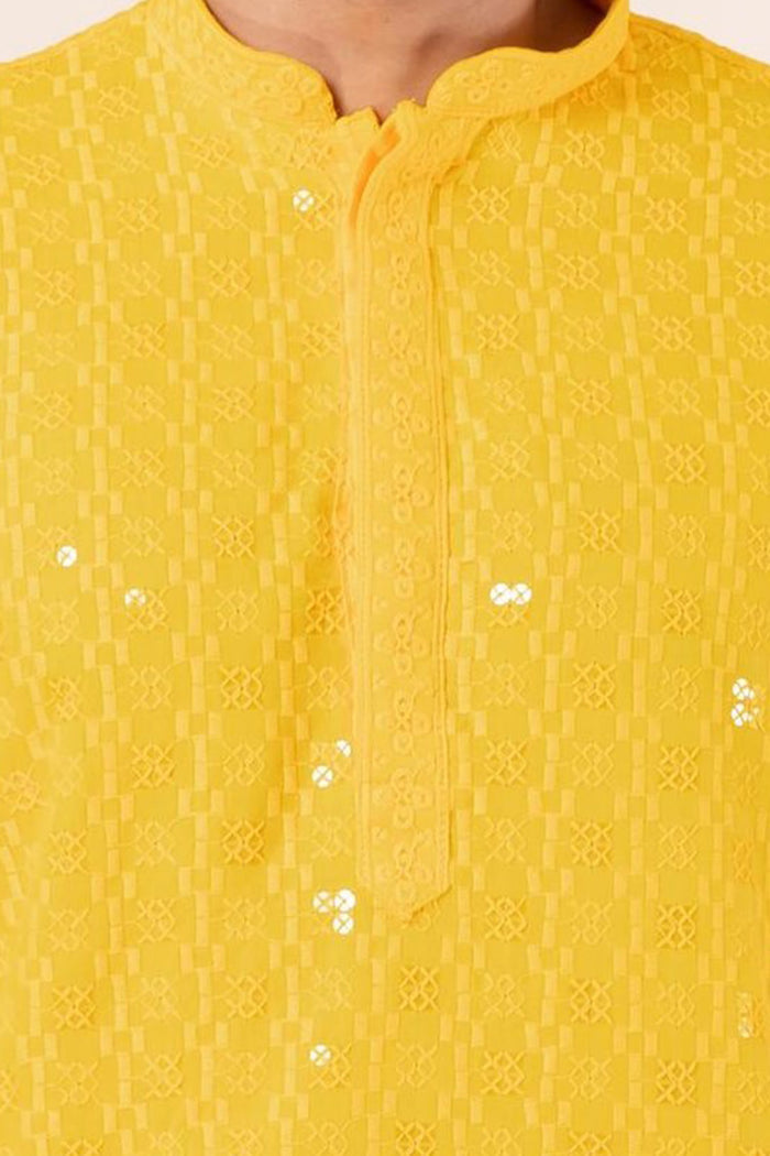 Bright Yellow Cotton Silk Embroidered Kurta Set