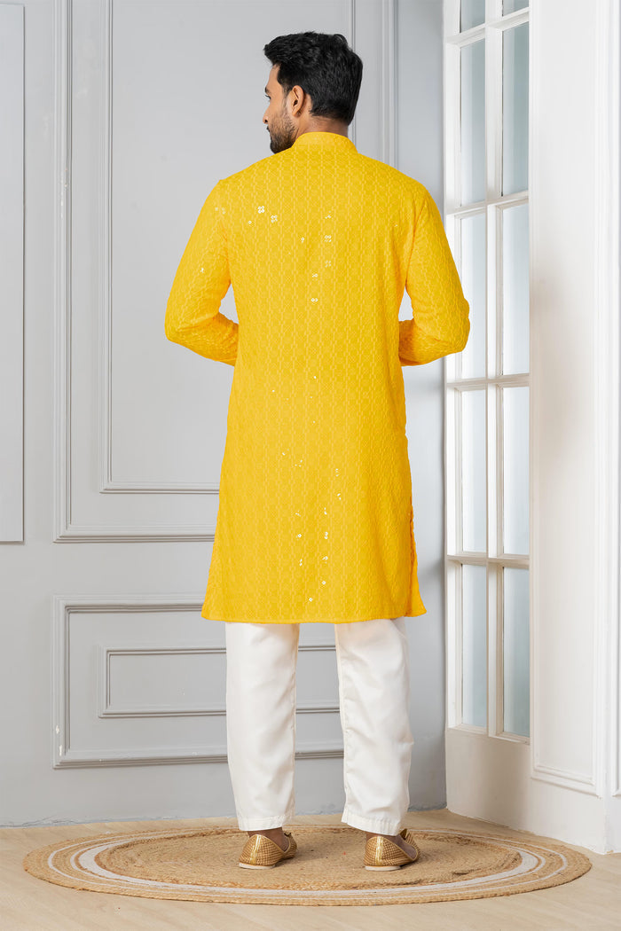 Bright Yellow Cotton Silk Embroidered Kurta Set