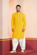 Bright Yellow Cotton Silk Embroidered Patiala Set
