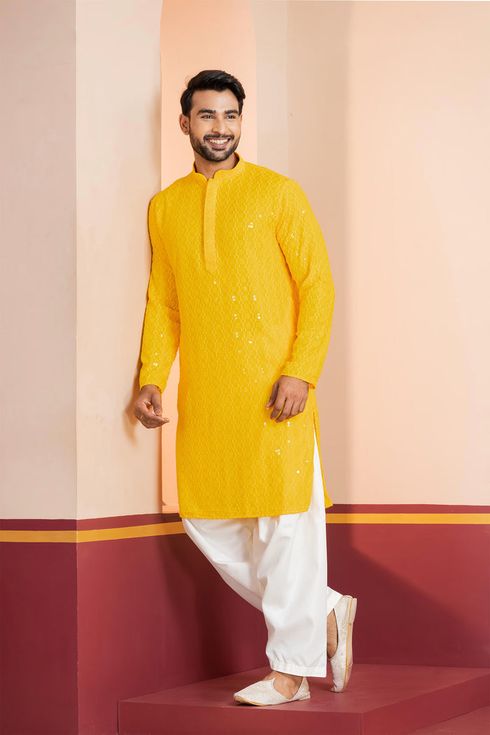 Bright Yellow Cotton Silk Embroidered Patiala Set