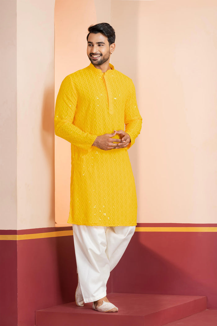 Bright Yellow Cotton Silk Embroidered Patiala Set