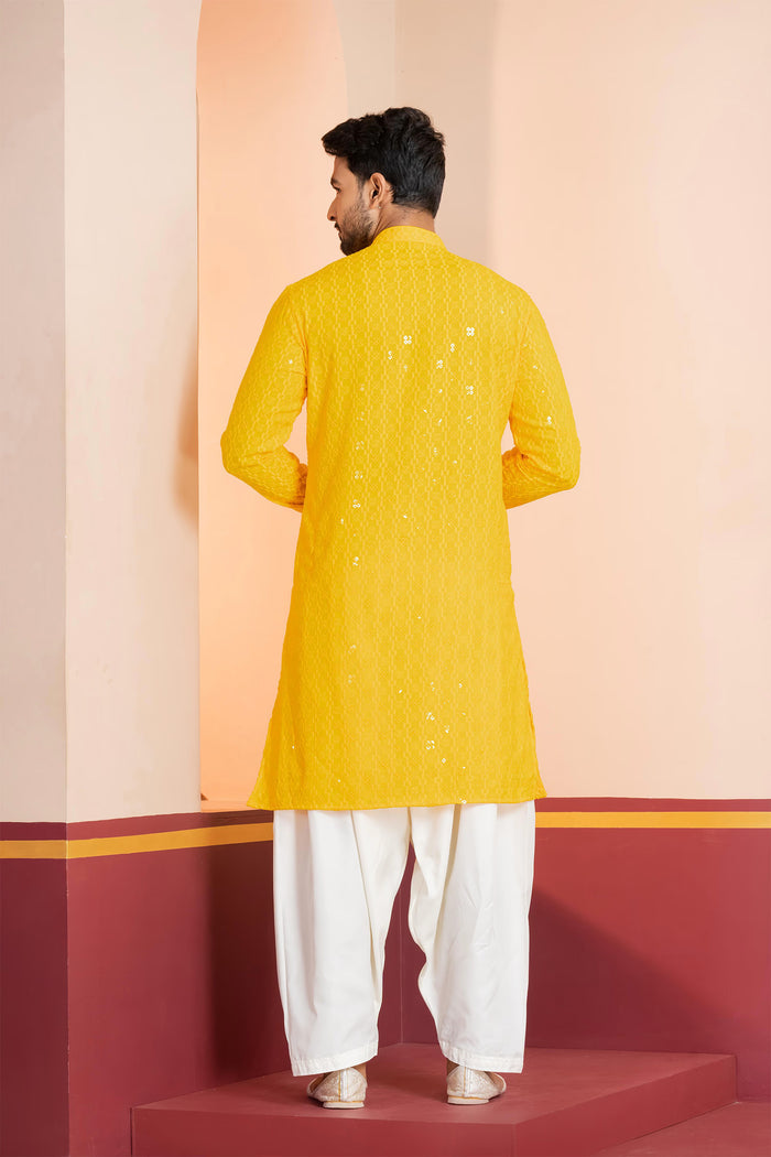 Bright Yellow Cotton Silk Embroidered Patiala Set