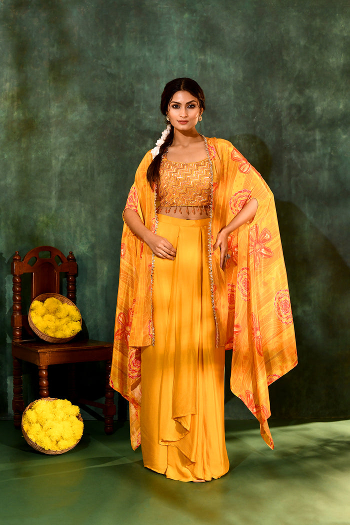 Bright Yellow Crepe Silk Embroidered Indo-Western Set