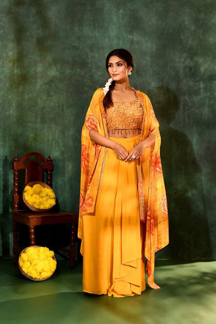 Bright Yellow Crepe Silk Embroidered Indo-Western Set