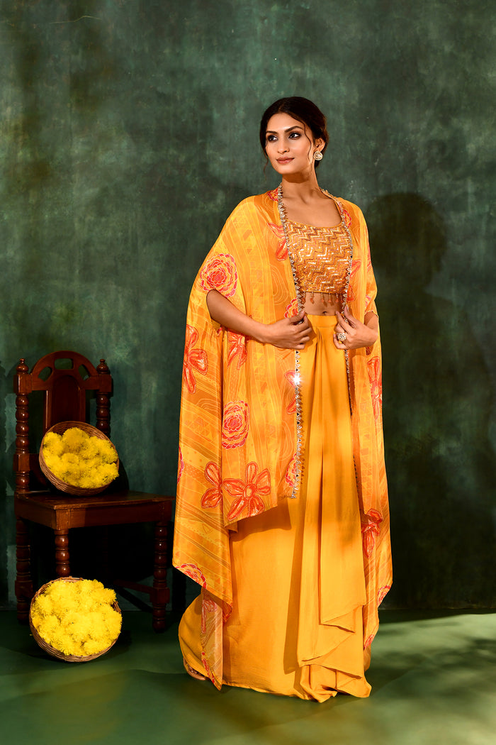 Bright Yellow Crepe Silk Embroidered Indo-Western Set