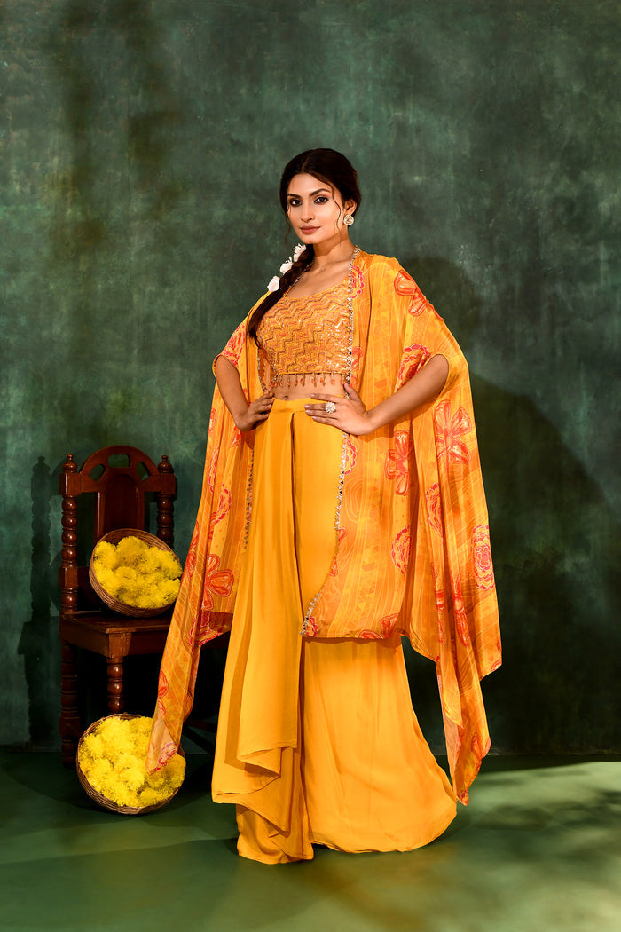 Bright Yellow Crepe Silk Embroidered Indo-Western Set