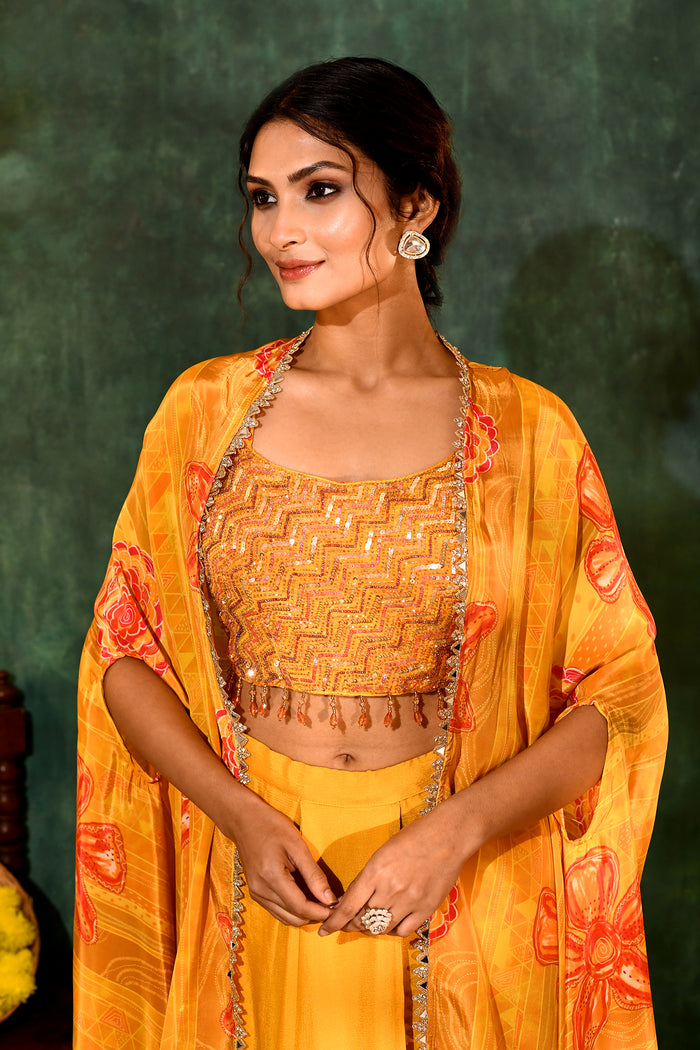Bright Yellow Crepe Silk Embroidered Indo-Western Set
