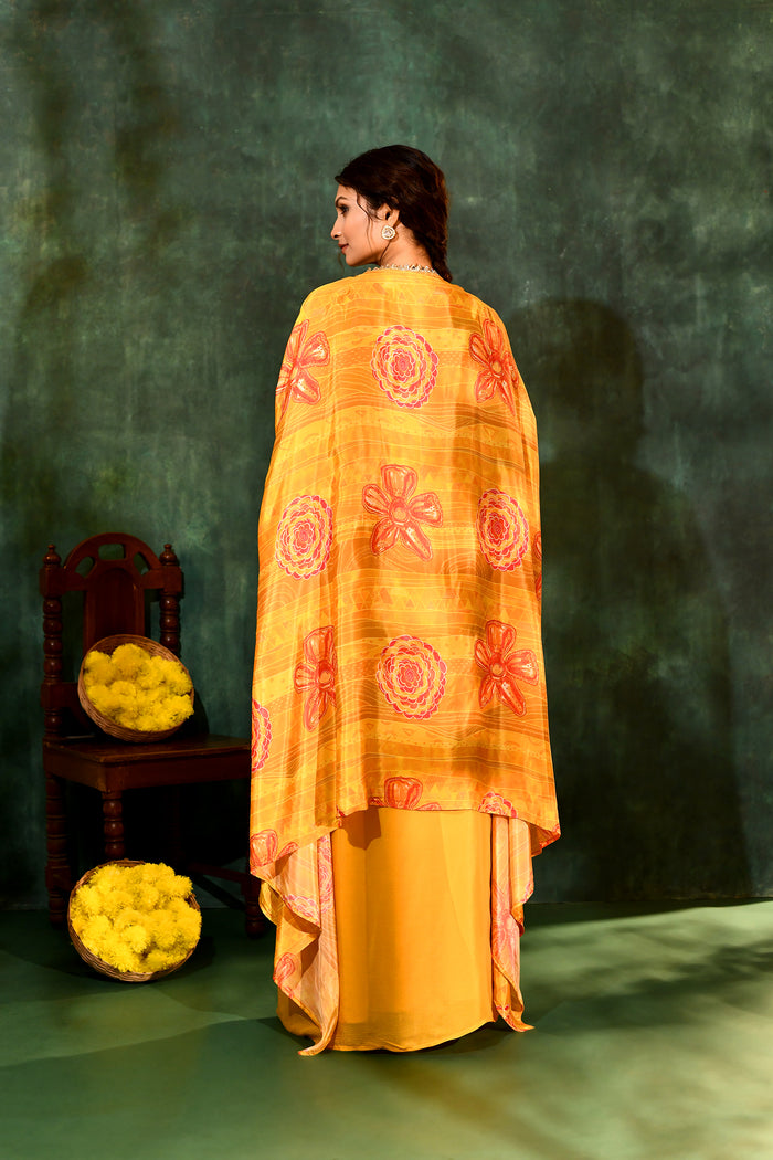 Bright Yellow Crepe Silk Embroidered Indo-Western Set