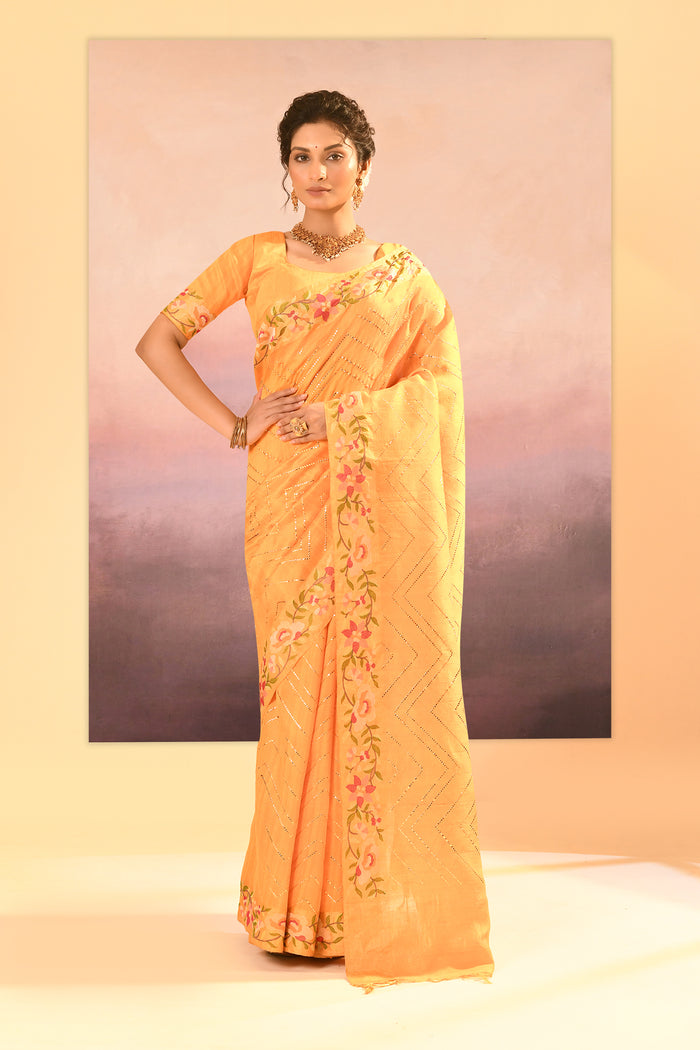 Bright Yellow Dupion Silk Foil Printed Saree