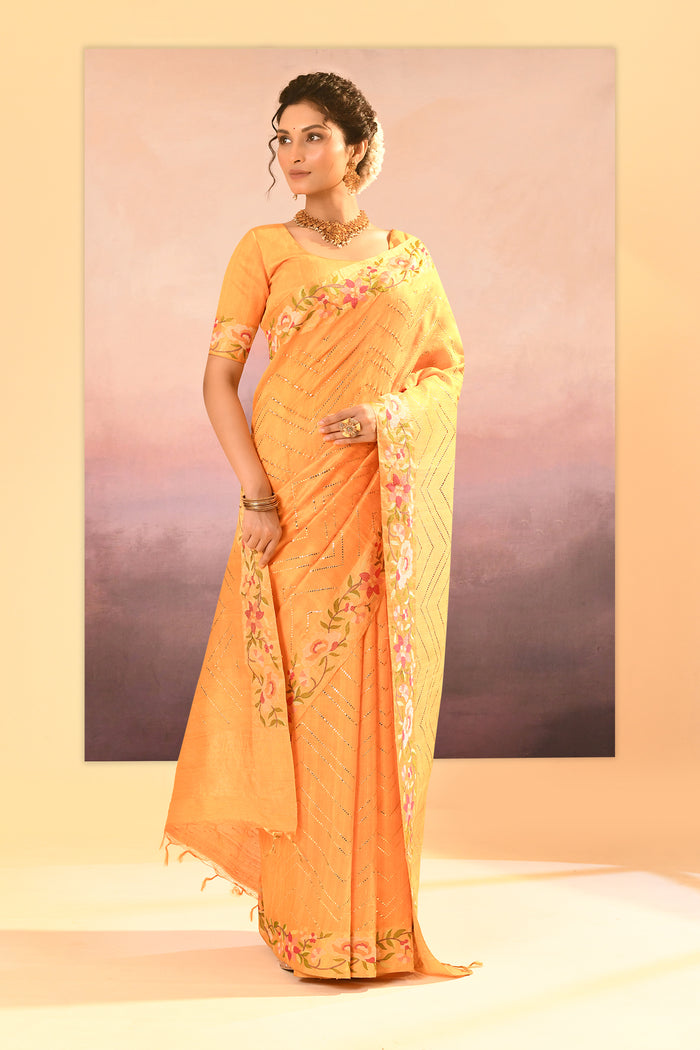 Bright Yellow Dupion Silk Foil Printed Saree