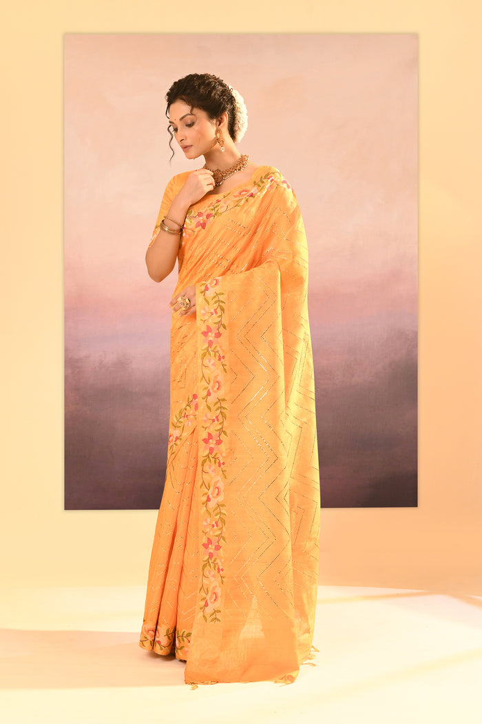 Bright Yellow Dupion Silk Foil Printed Saree