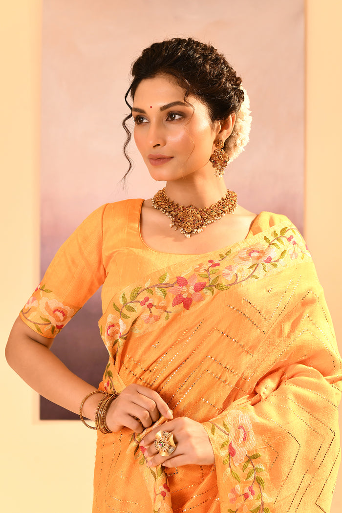 Bright Yellow Dupion Silk Foil Printed Saree