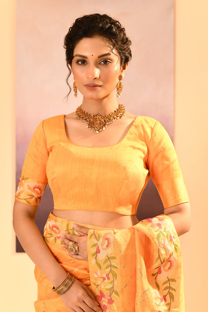 Bright Yellow Dupion Silk Foil Printed Saree