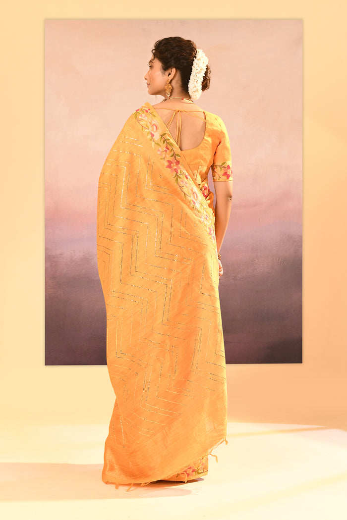 Bright Yellow Dupion Silk Foil Printed Saree