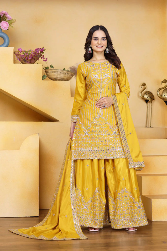 Bright Yellow Embroidered Crepe Sharara Set