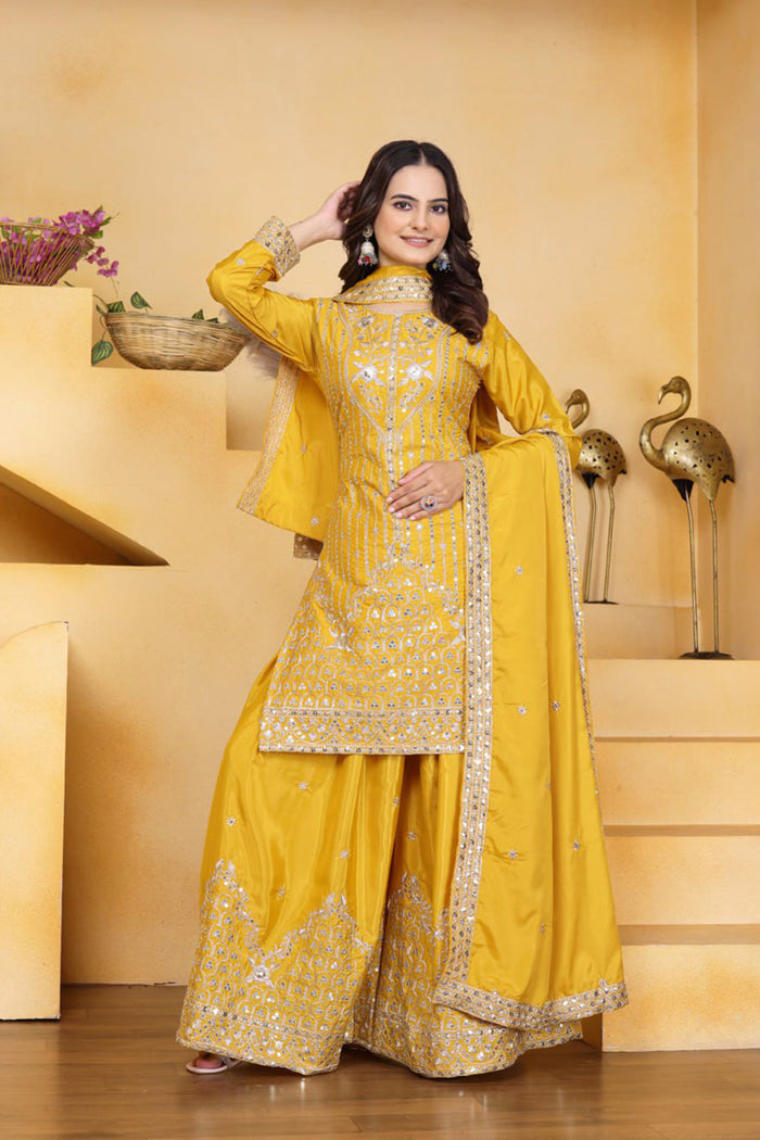 Bright Yellow Embroidered Crepe Sharara Set