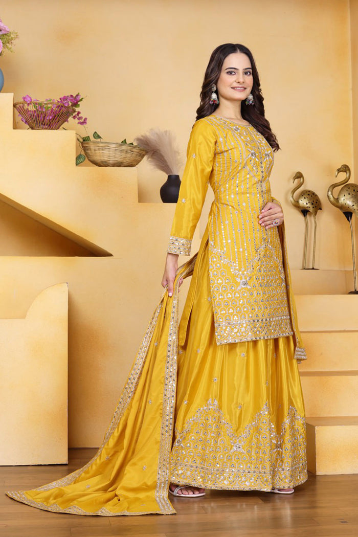 Bright Yellow Embroidered Crepe Sharara Set