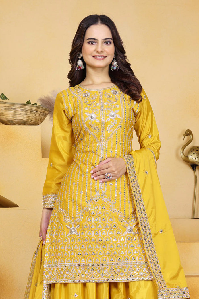 Bright Yellow Embroidered Crepe Sharara Set
