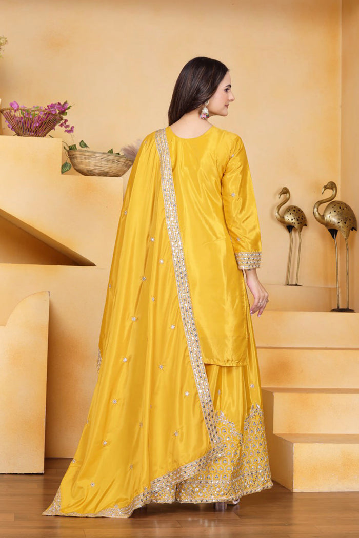 Bright Yellow Embroidered Crepe Sharara Set