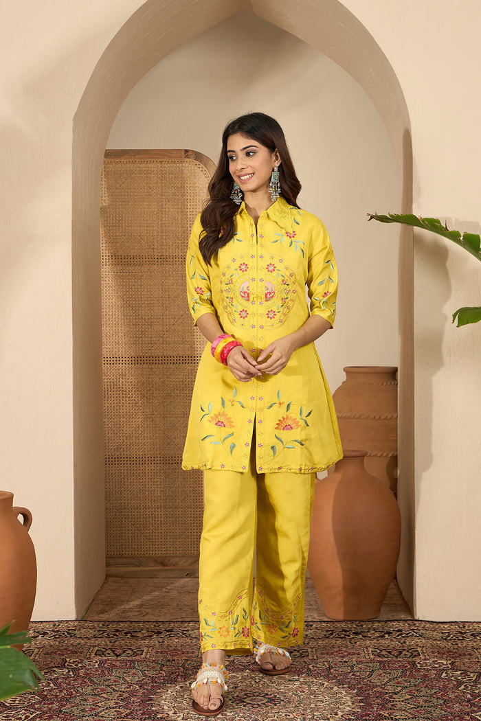 Bright Yellow Floral Embroidered Polyester Co-Ord Set