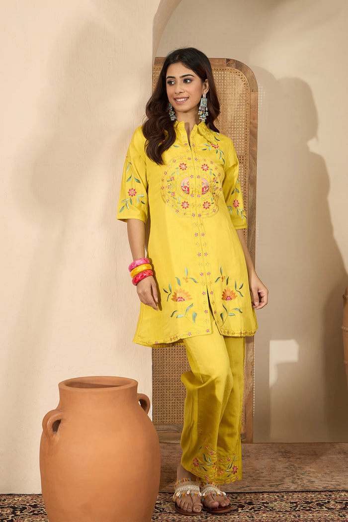Bright Yellow Floral Embroidered Polyester Co-Ord Set