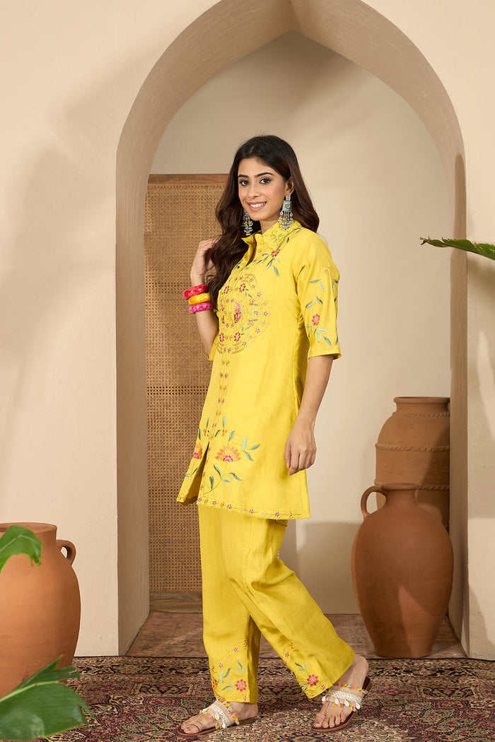 Bright Yellow Floral Embroidered Polyester Co-Ord Set