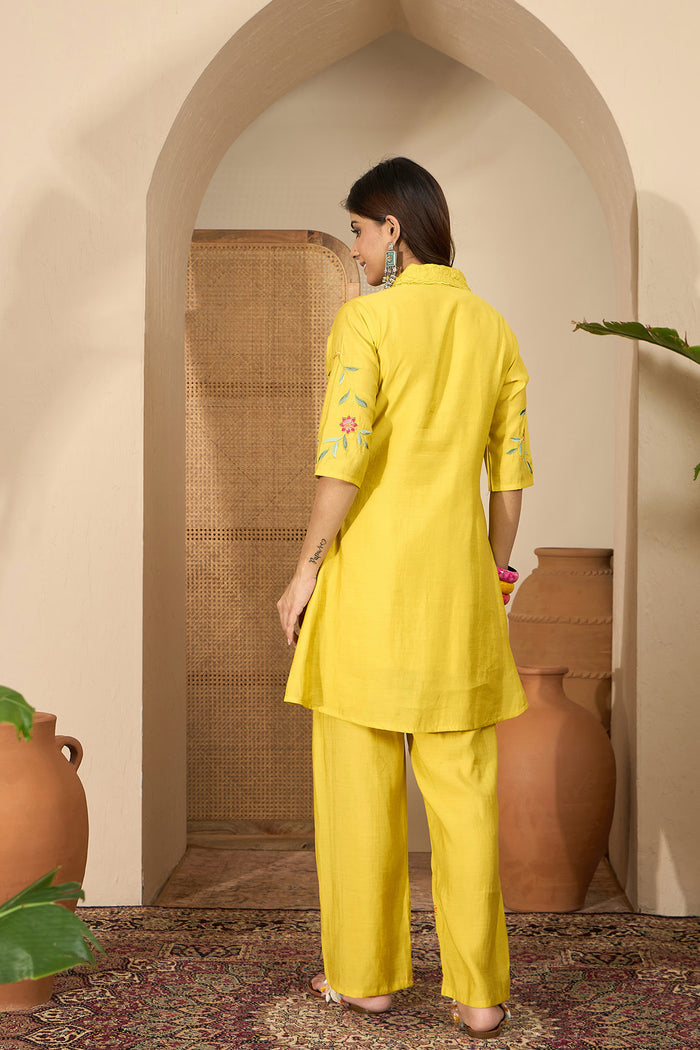 Bright Yellow Floral Embroidered Polyester Co-Ord Set