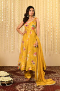 Bright Yellow Floral Printed Satin Anarkali Set
