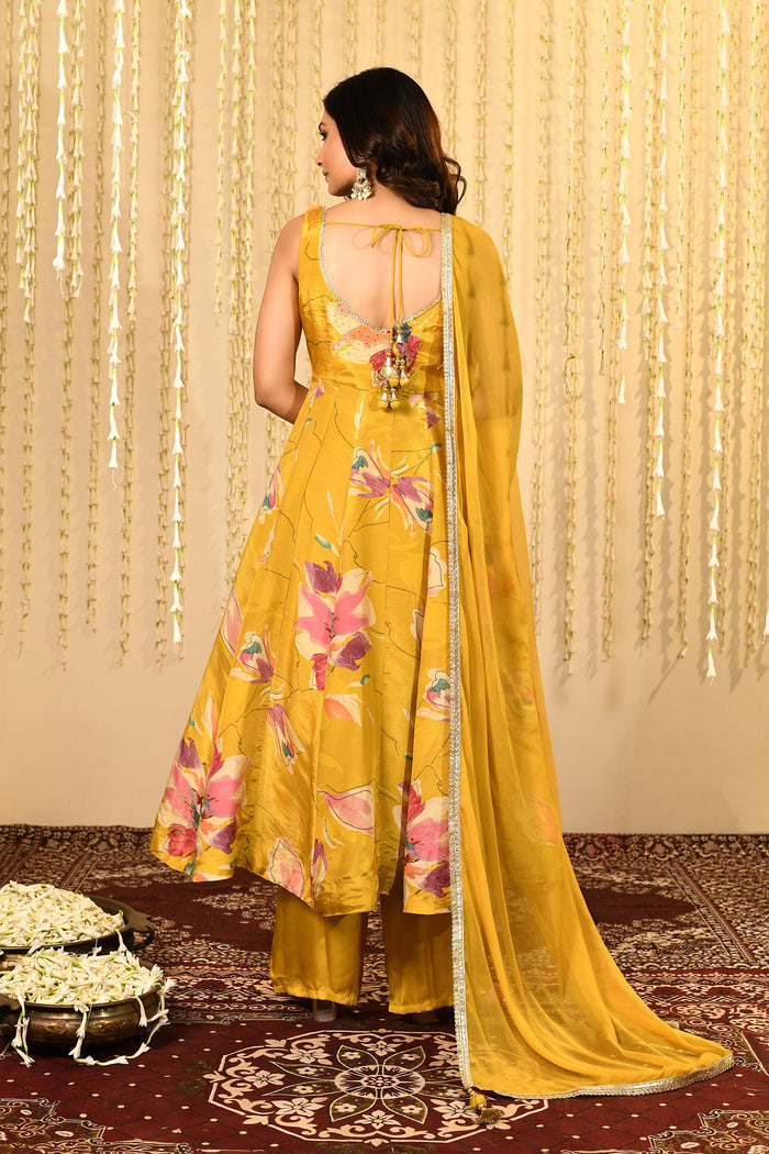 Bright Yellow Floral Printed Satin Anarkali Set