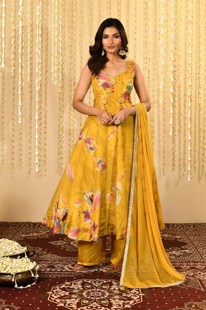Bright Yellow Floral Printed Satin Anarkali Set
