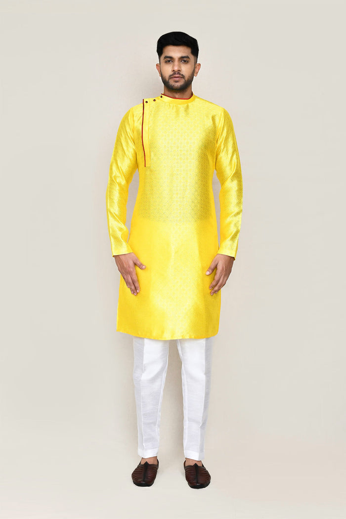 Bright Yellow Jacquard Silk Kurta Set