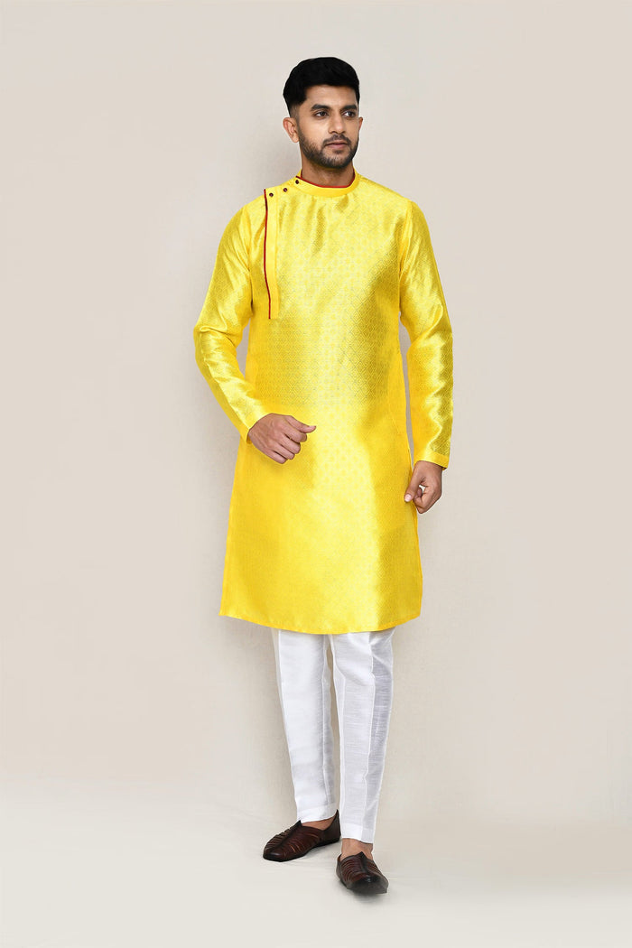 Bright Yellow Jacquard Silk Kurta Set