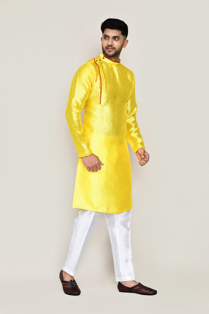 Bright Yellow Jacquard Silk Kurta Set