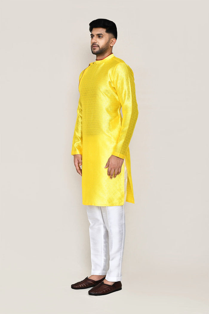 Bright Yellow Jacquard Silk Kurta Set